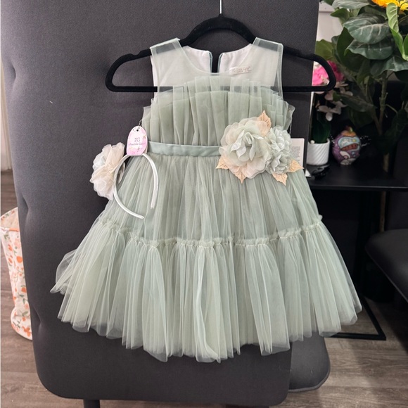PINK GIRLS Elegant Green Tulle Dress with Floral Accent - Picture 5 of 10